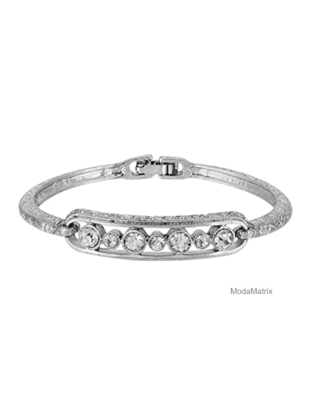 Vine Textured Bracelet with Clear Crystals Silver Tone